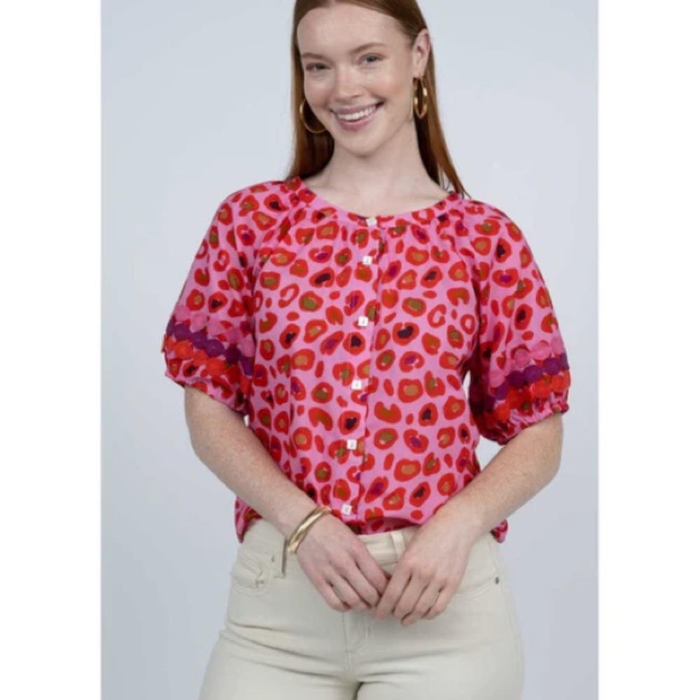 Ivy Jane Mallory Spotted Leopard Puff Sleeve Button Up Top Size XS